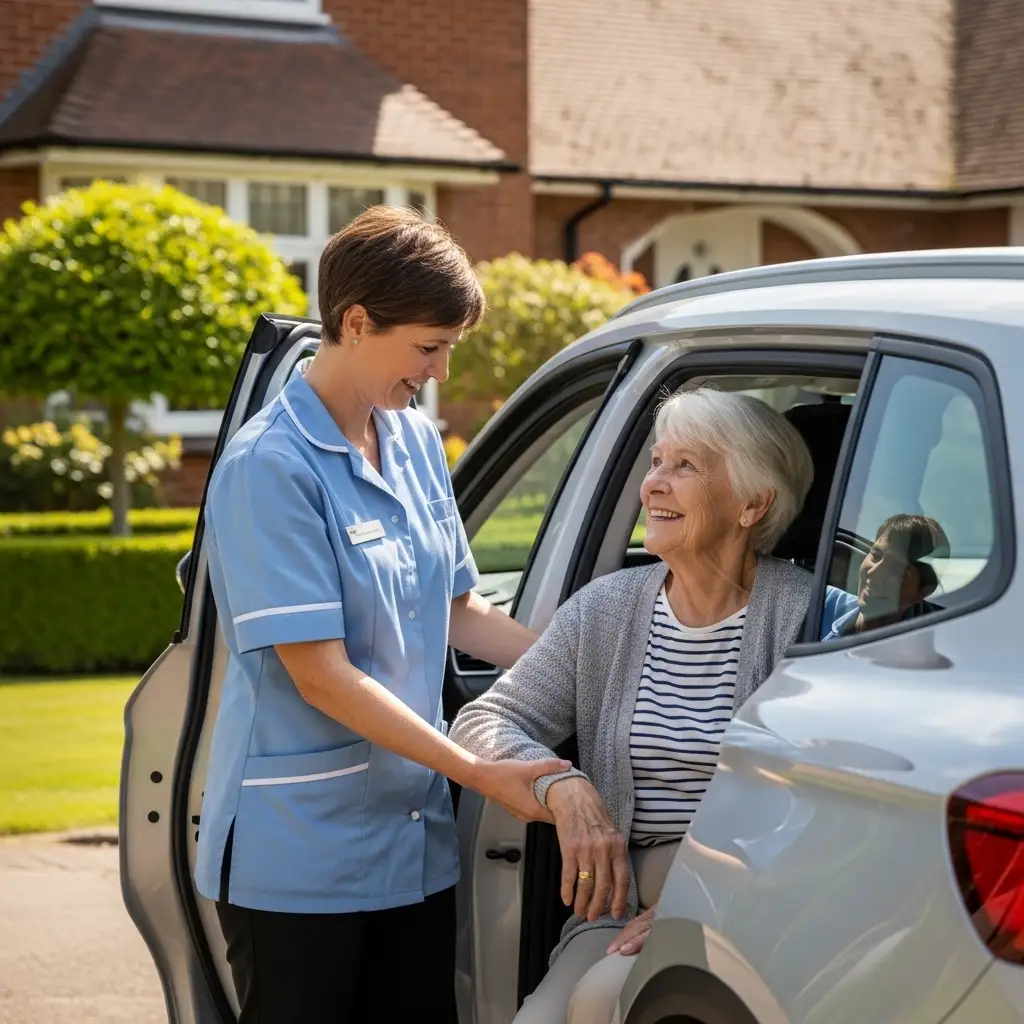 caregiver assisting senior for long drive transport