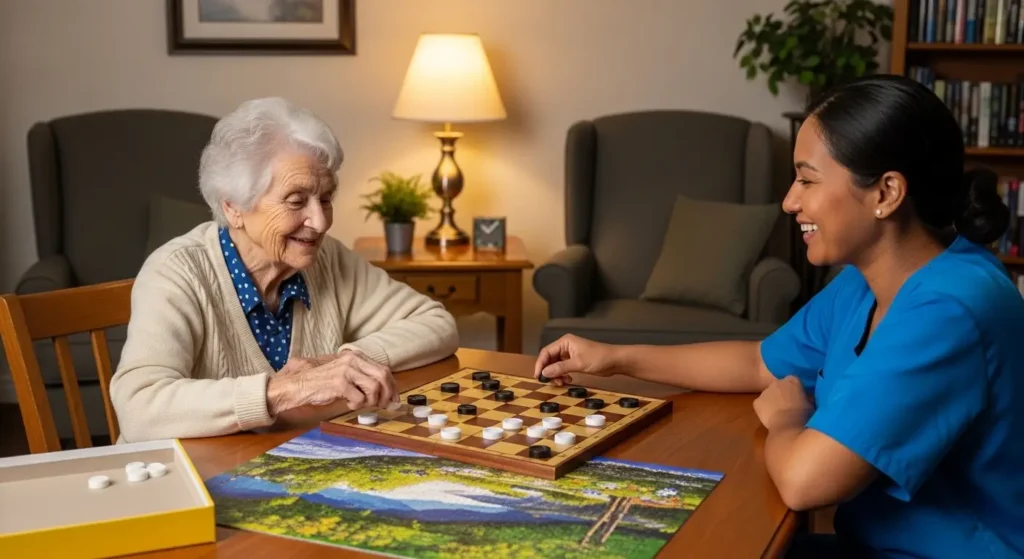 companion care playing chess with a friend