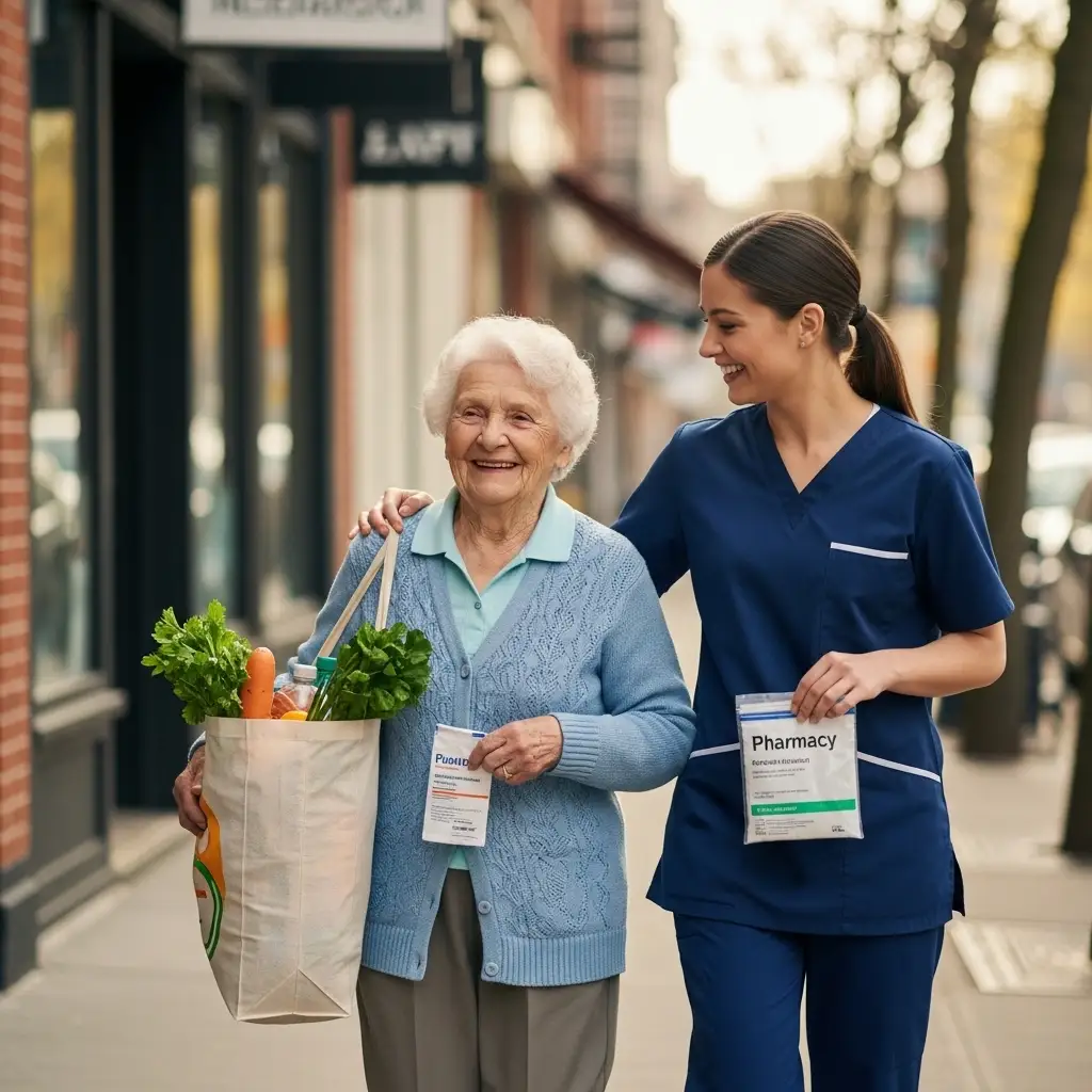 Caregiver assisting senior with errands