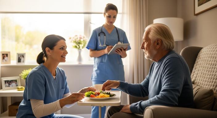 Caregiver and nurse working together to support elderly patient at home combined care services