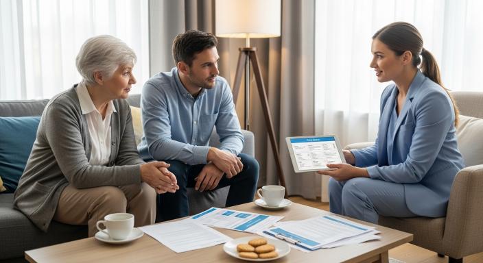 Family discussing home care and home health care options with healthcare professional at home