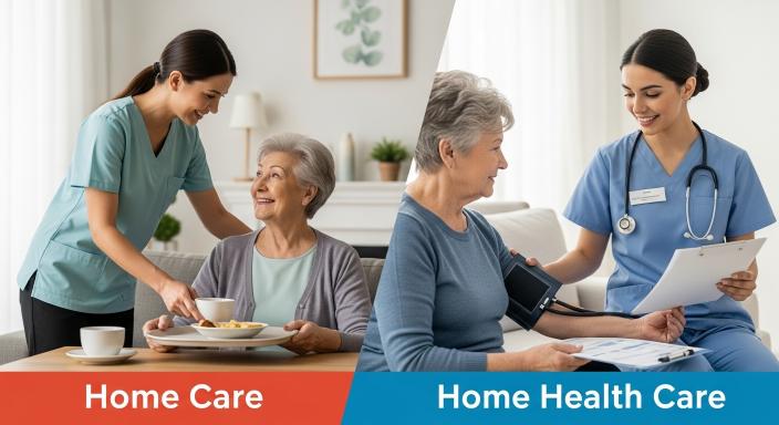 diff btw homecare &home healthcare (1) Difference between home care and home health care showing caregiver support vs nurse medical care at home