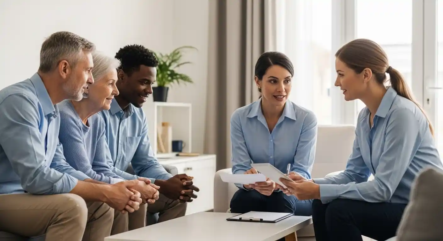 Family discussing home care options during an in-home consultation