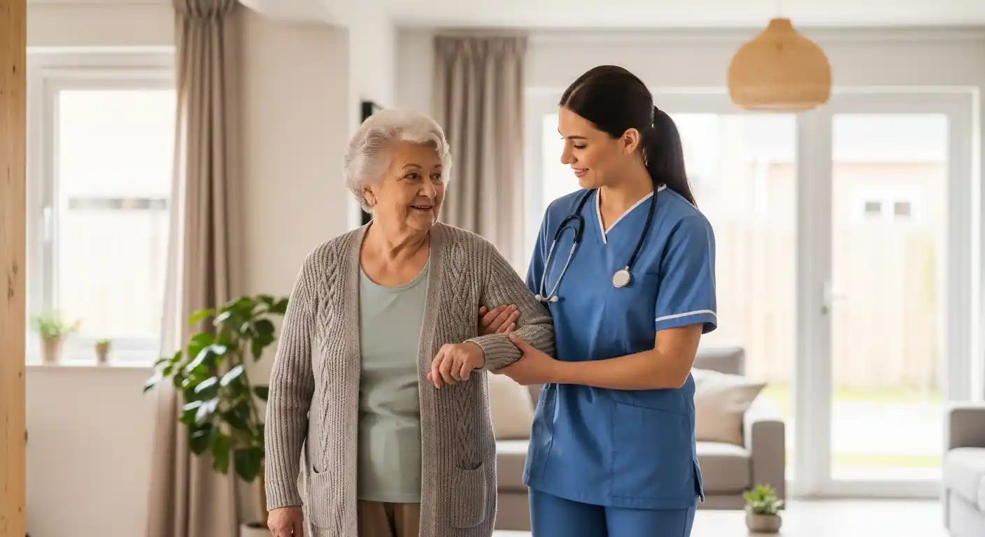 Professional caregiver providing in-home support and assistance to an elderly person