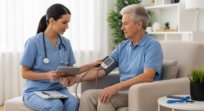 Nurse providing medical care to senior patient at home checking blood pressure home health care services