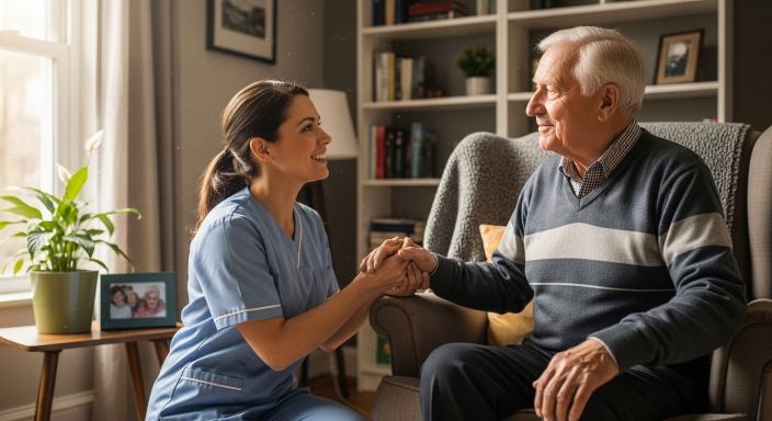 Caregiver helping elderly man with daily activities at home non-medical home care support